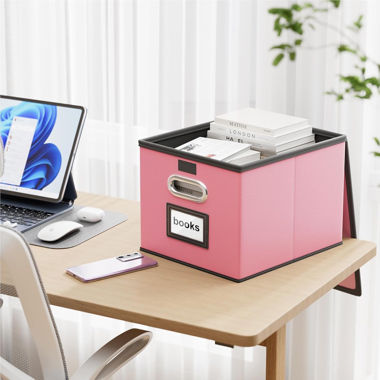 Huolewa Portable Leather File Organizer Boxes with Lids, Office Document Boxes Organizer, Filing Boxes, Decorative Small File Boxes for Hanging Files, File Cabinet for Office/Home - 4 Pack