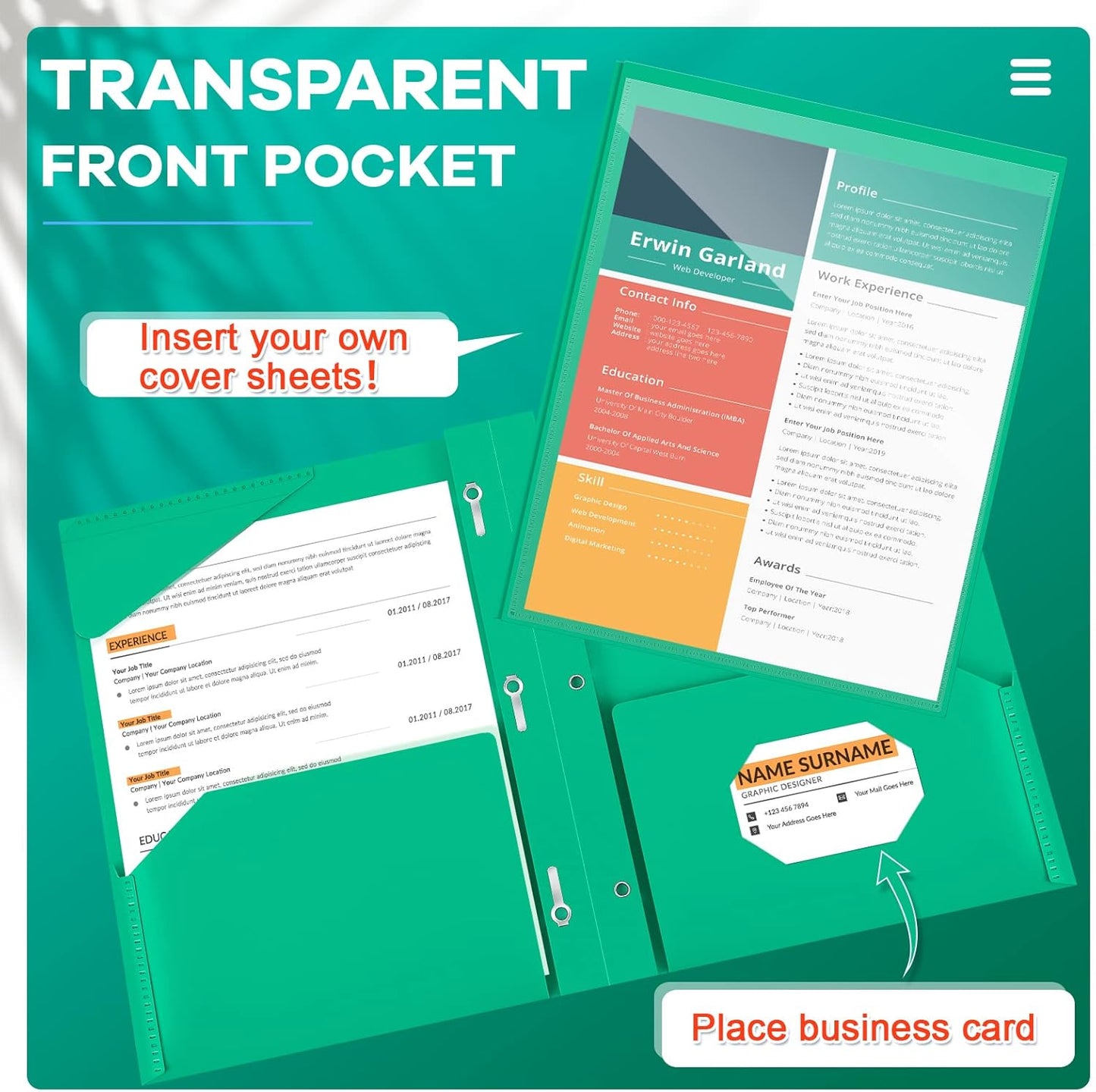 Henoyso 36 Pcs Plastic Folder with Clear Front Pocket and 3 Prong Plastic Folders with Card Slot Pocket Folders with Prongs for School Office (Green)