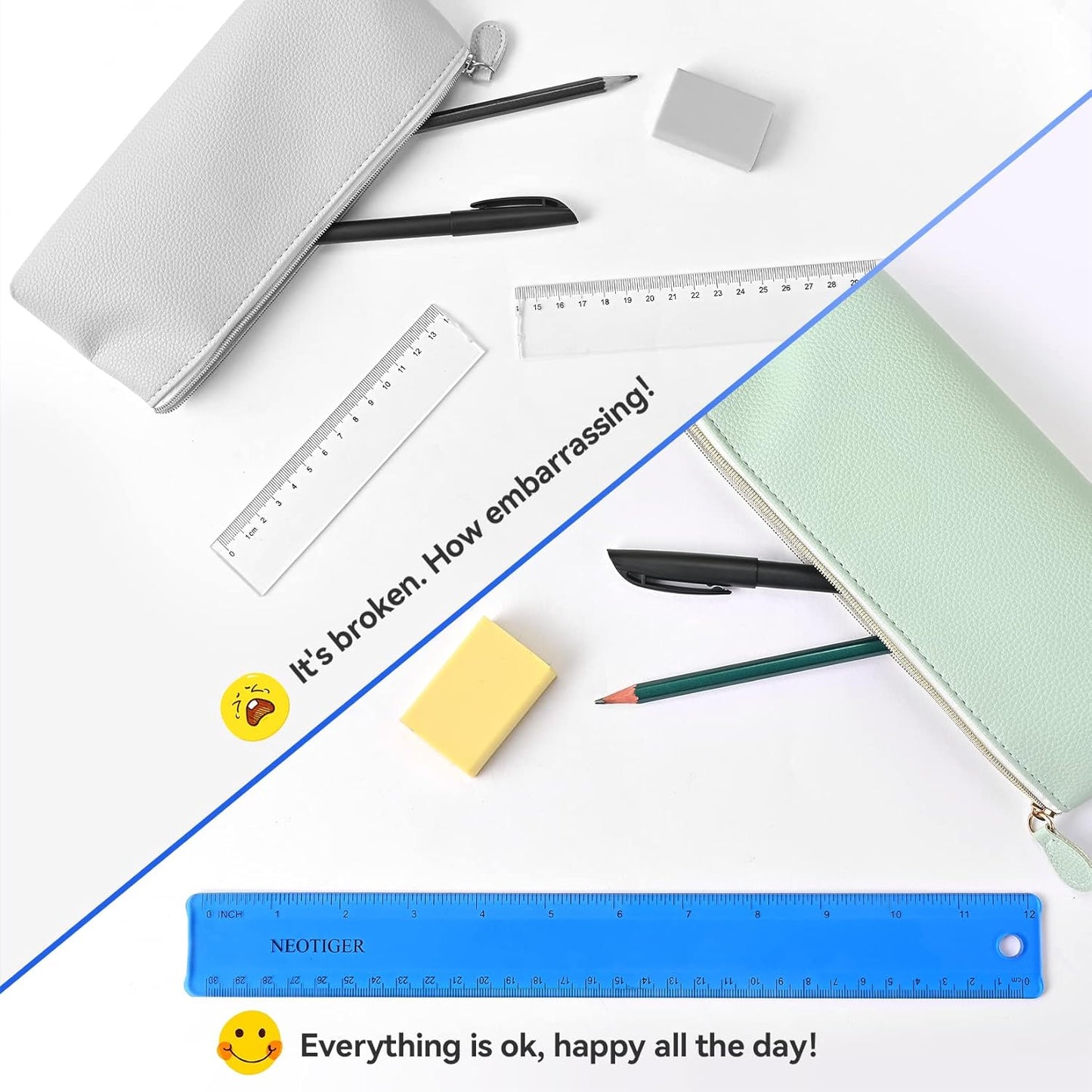 Flexible Shatterproof Bendable Unbreakable Safe Soft Transparent Clear Plastic Straight Flat Ruler, 30 cm/12 inch. Set of 2, Clear and Blue, for Home, School, Office, for Kids and Adults