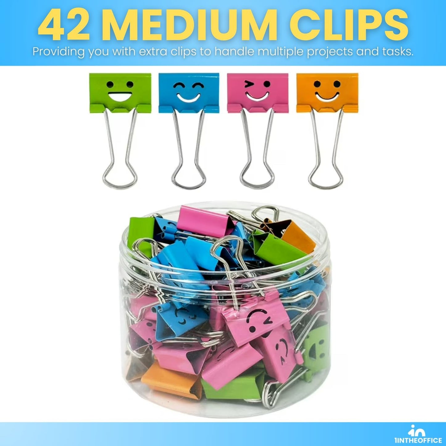 1InTheOffice Medium Cute Colored Smiley Face Binder Clips with Storage Tub, 5/8" Capacity, Assorted Colors, 42 Pack