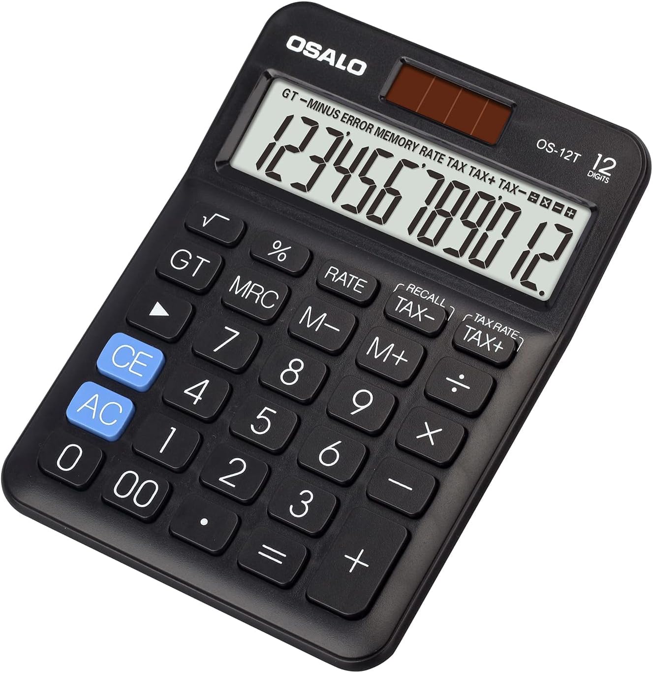 Pocket Small Size Desk Calculator, 12 Digit Large LCD Display, Basic Tax Function Handheld Desktop Calculator with Solar Battery Dual Power, Perfect for Office, School, Business OS-12T (Black)