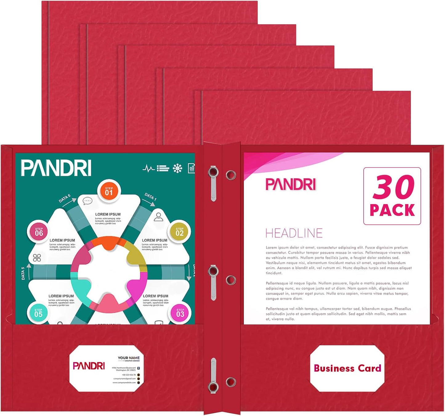 Two Pocket Folders, PANDRI 30 Pack Two Pocket Folders with Prongs, 3 Prong Folders Designed for Office and Classroom, Letter Size Red