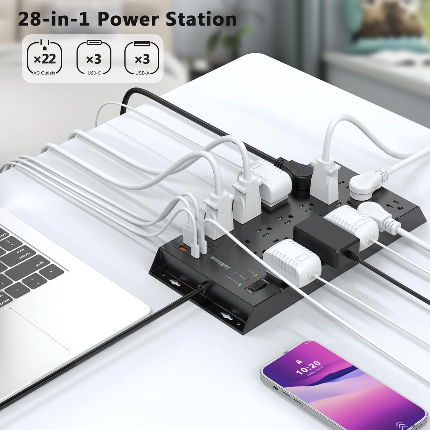 22 Outlets & 6 USB Big Power Strip, Jcblaon Surge Protector with 3USB C & 3USB A Charging Ports, 6.5ft Flat Plug Heavy Duty Extension Cord(1875W/15A)，2100J, 14AWG,Wall Mountable for Garden,Shed, Black
