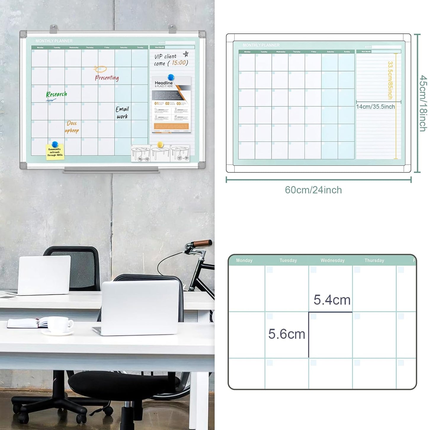 MAKELLO Dry Erase Calendar for Wall, White Board Calendar with Next Month for Office, Family, Kitchen and Bedroom, 24x18 inches