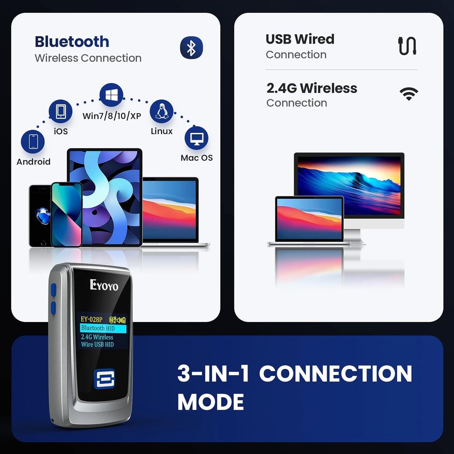 Eyoyo Mini Bluetooth QR Code Scanner with LCD Display, Portable Wireless 1D 2D Book Barcode Scanner Reader for Library Classroom Inventory Compatible with iPhone iPad Android iOS POS Laptop Tablet