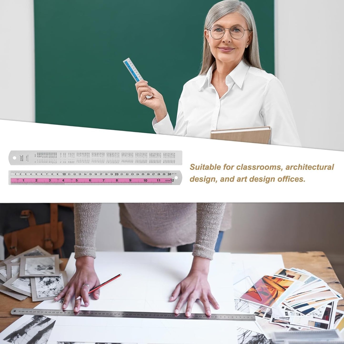 HARFINGTON 6pcs Metal Straight Ruler 30cm Metric SAE Aluminum Alloy Measuring Rulers Scale Tools with Hole for Measure Study Reading Classroom Office, Pink