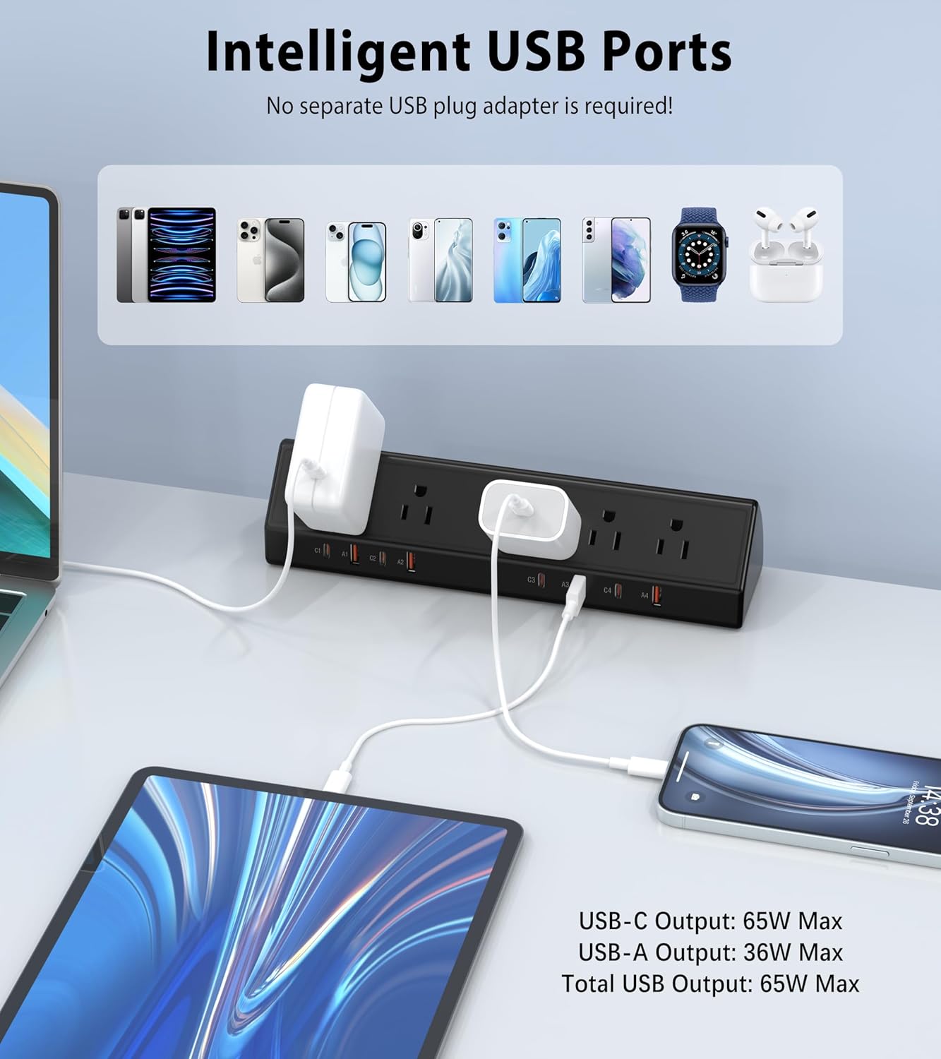 Desk Clamp Power Strip 65W Fast Charging Station,4 PD USB-C,5 Outlets,Nightstand Desk Edge Mount Tower Surge Protector,15 Amp Heavy Duty Power Strip,Fits 1.96" Tabletop Edge (Black, 6 FT Cable)