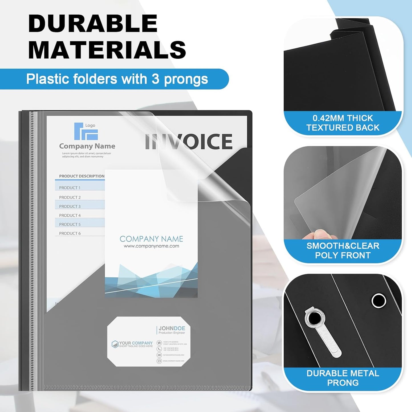 Teling 48 Pack Clear Front Report Covers with 3 Prongs Fasteners, 11.42 x 9.45 Inch Plastic Presentation Folders Bulk, 90 Sheet Capacity, Book File Covers for Office School Business, Black