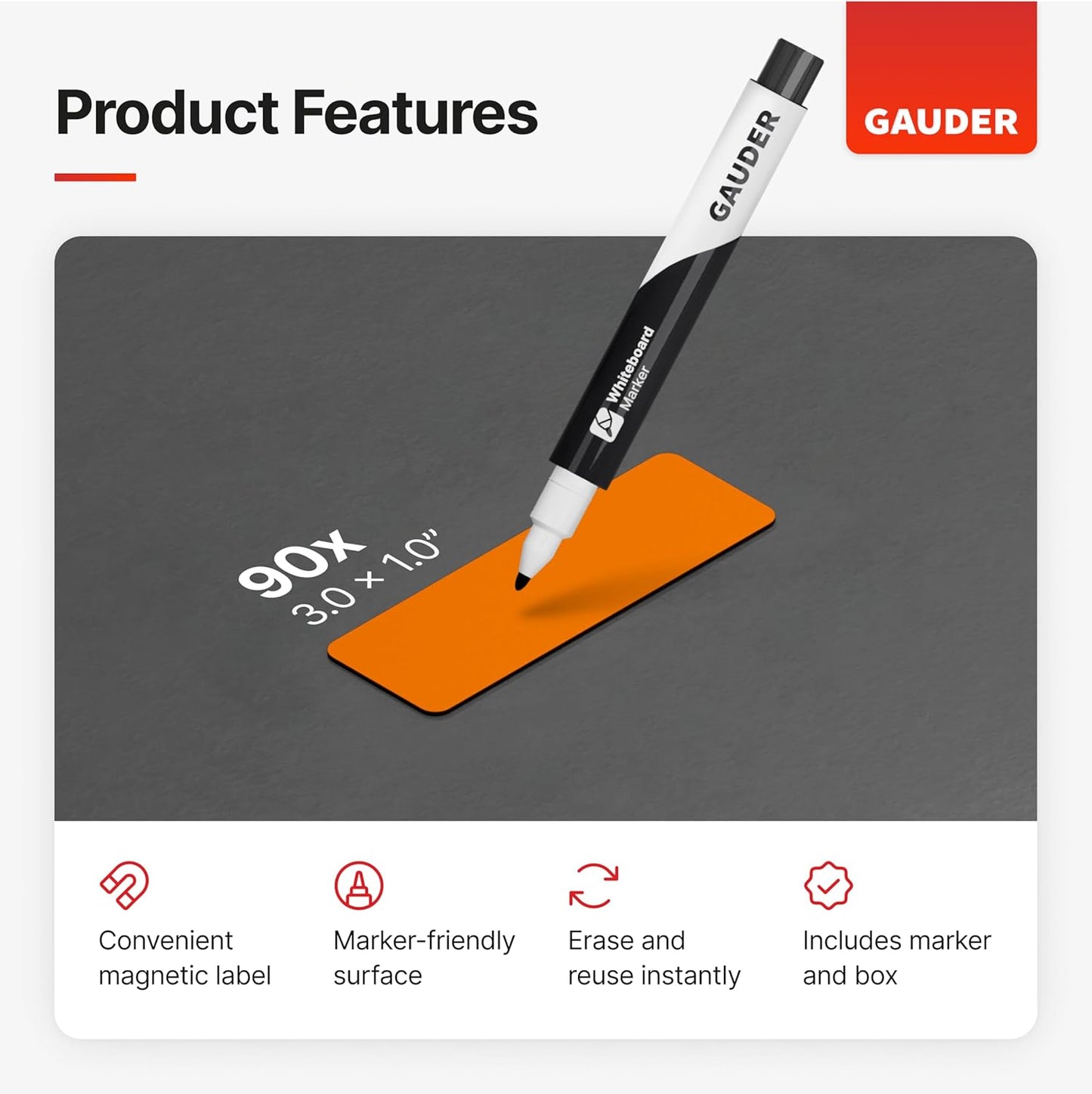 GAUDER Magnetic Dry Erase Labels | 90x Magnetic Labels (3 Inches x 1 Inch) | Dry Erase Magnets for Classroom, Whiteboard and Blackboard