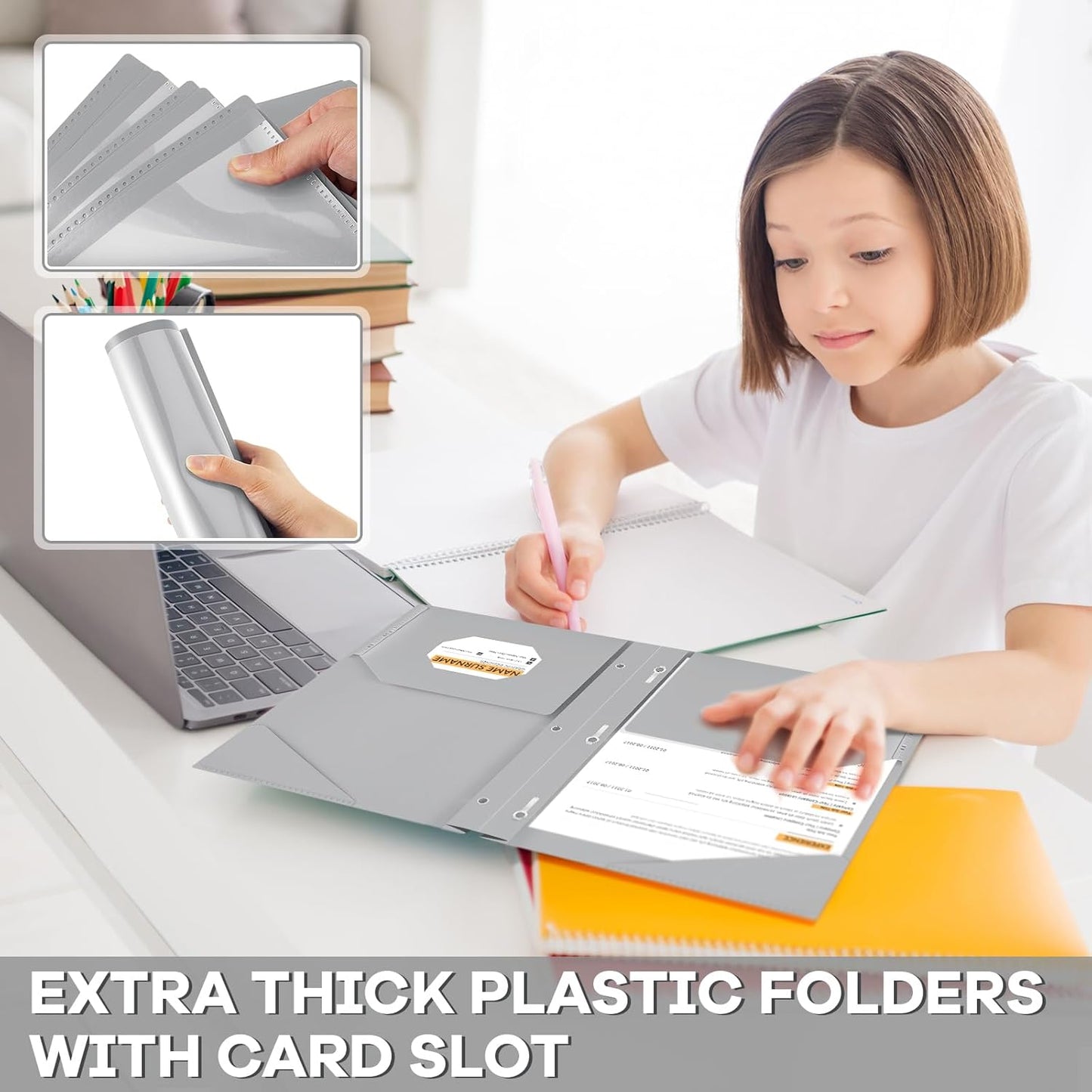 Henoyso 18 Pcs Plastic Folder with Clear Front Pocket and 3 Prong Plastic Folders with Card Slot Pocket Folders with Prongs for School Office (Gray)