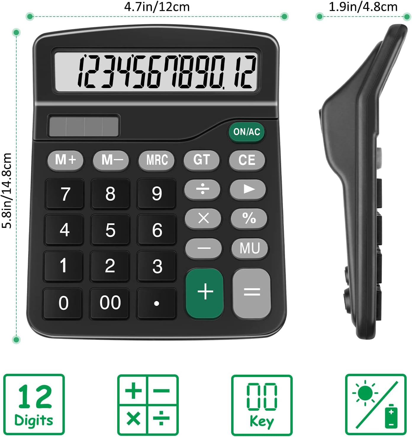 Calculators, Splaks 2 Pack Standard Functional Desktop Calculators Sola and AA Battery Dual Power Electronic Basic Calculator with 12-Digit Large Display for Office, Home, School (2 Black)