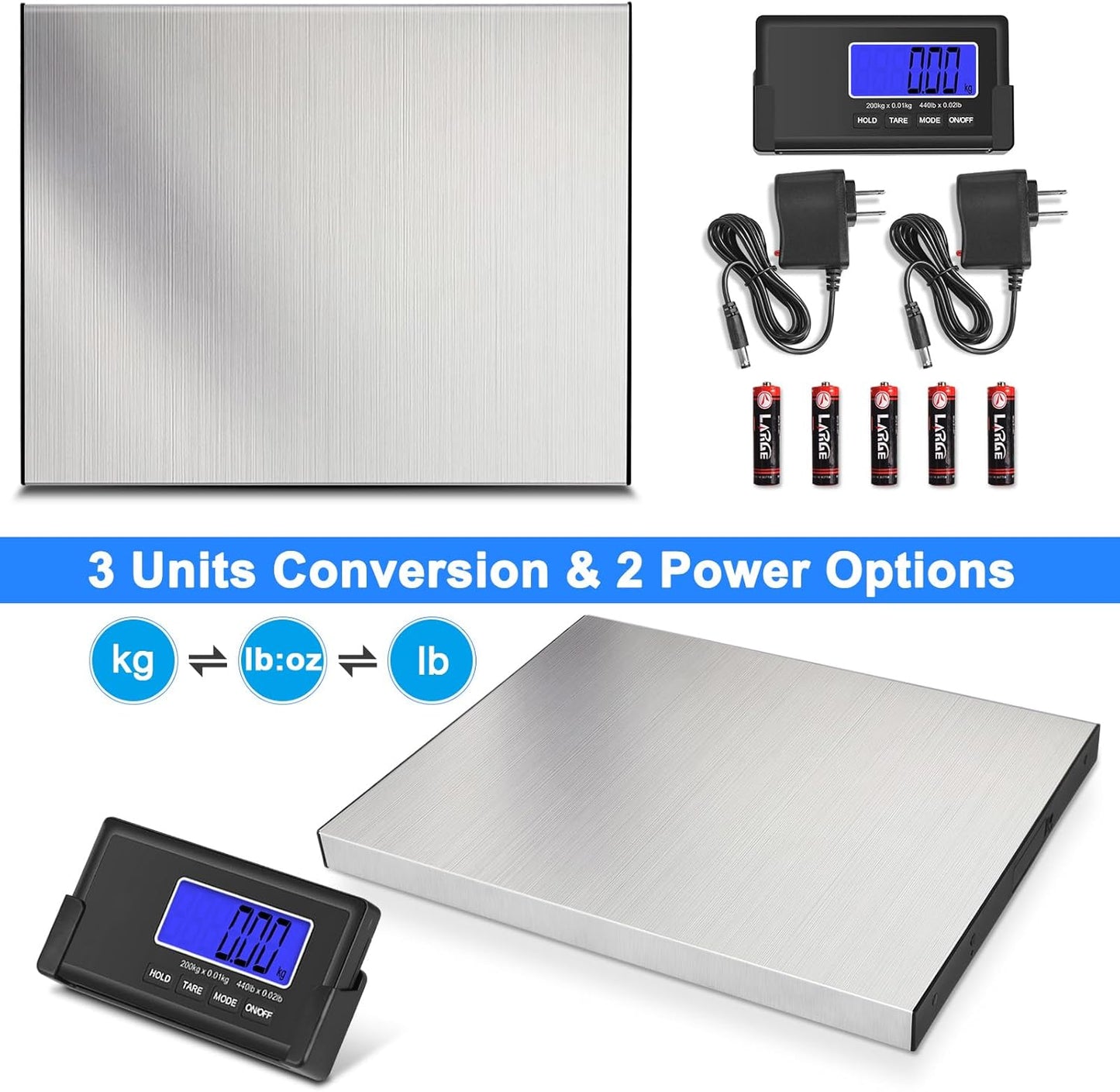 THINKSCALE 440lbs/10g Shipping Scale, Wireless LCD Displays, Heavy Duty Weight Scale Postal Scale, Stainless Steel Large Platform, Scale for Packages, Luggage Scale