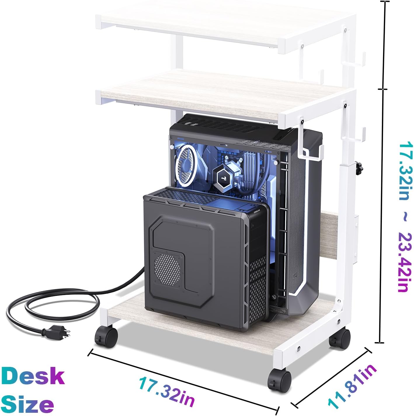 Computer Tower Stand with Charge Station and USB Charging Port - Height Adjustable PC Tower Stand, Under Desk CPU Holder Cart with Locking Caster Wheels for Fits Most PC