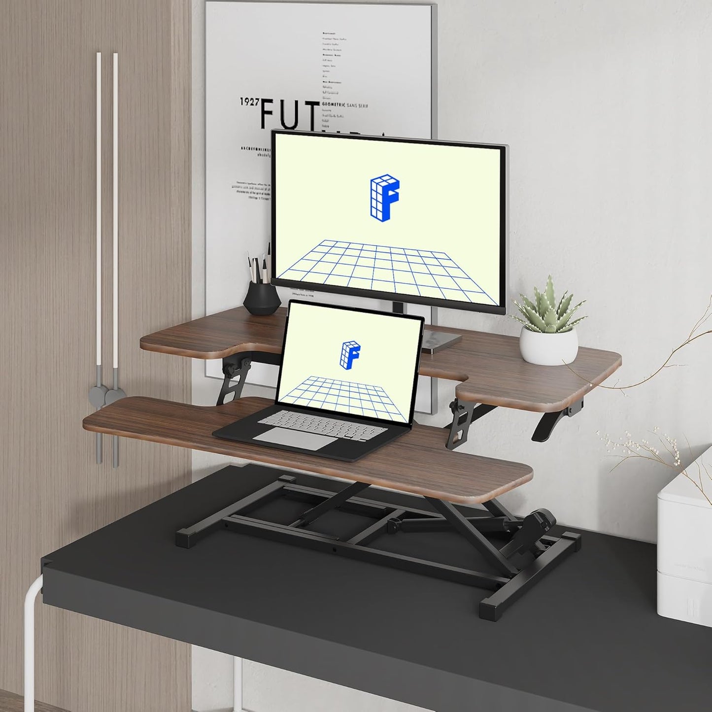 FLEXISPOT 35" Height Adjustable Standing Desk Converter Sit-to-Stand Desk Riser for Home and Office Computer Workstation with Wide Keyboard Tray, Walnut Color