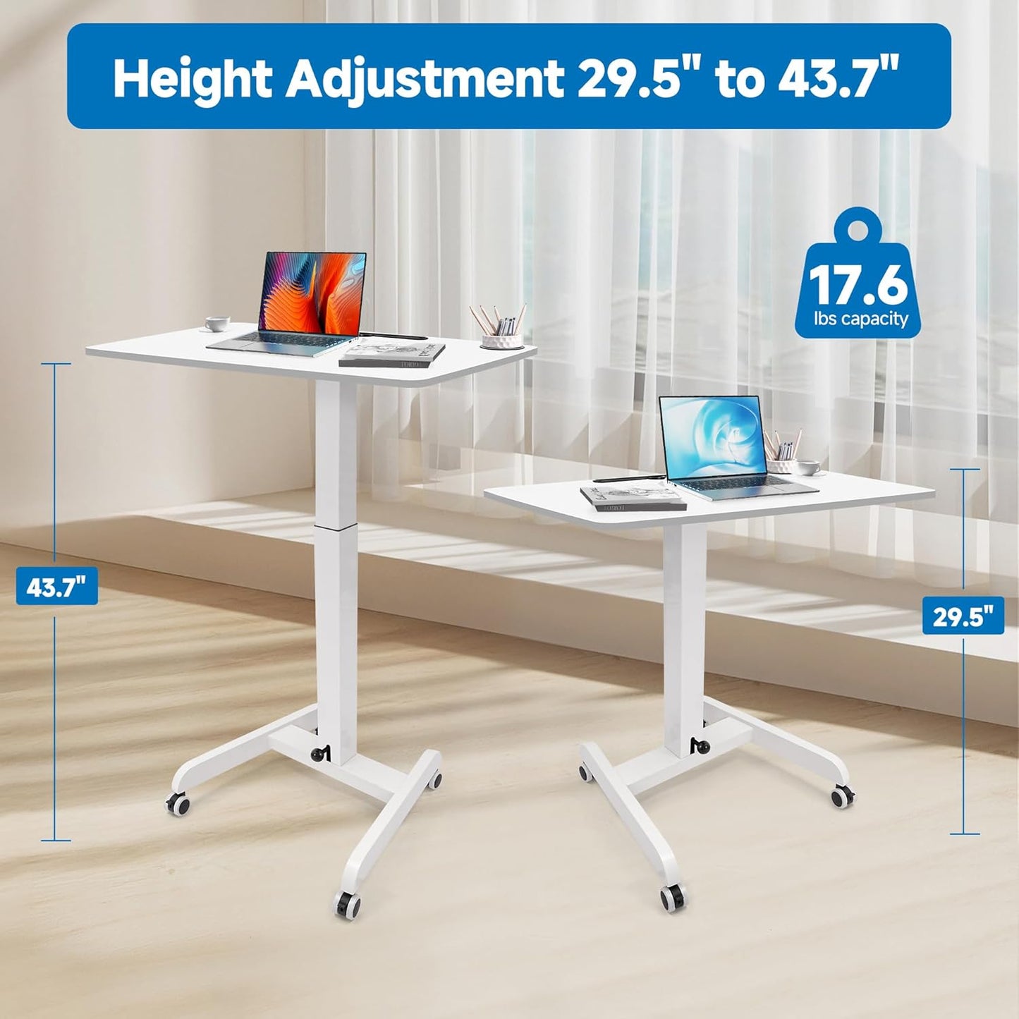 Rolling Laptop Desk Adjustable Height(29.5”- 43.7”)，Mobile Workstation Cart with 23.6" x 20.5"Desktop, Standing Desk Mobile Portable PC Table for Home,Office or Classroom in White