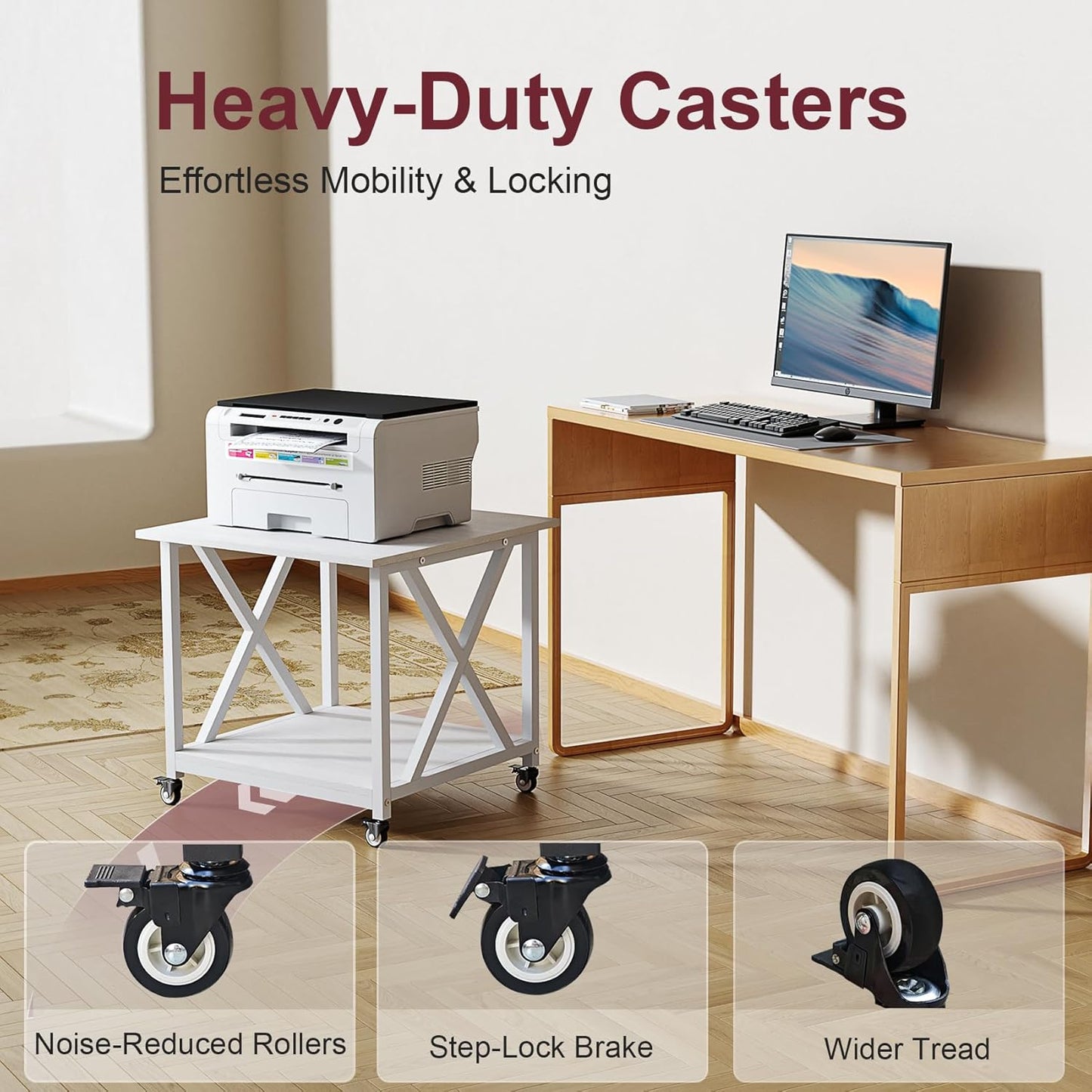 2 Tier White Printer Stand, 23.6 x 23.6 Inches Large Printer Table with Storage Shelf, Rolling Printer Cart with Wheels, Mobile Table for Home Office (White)