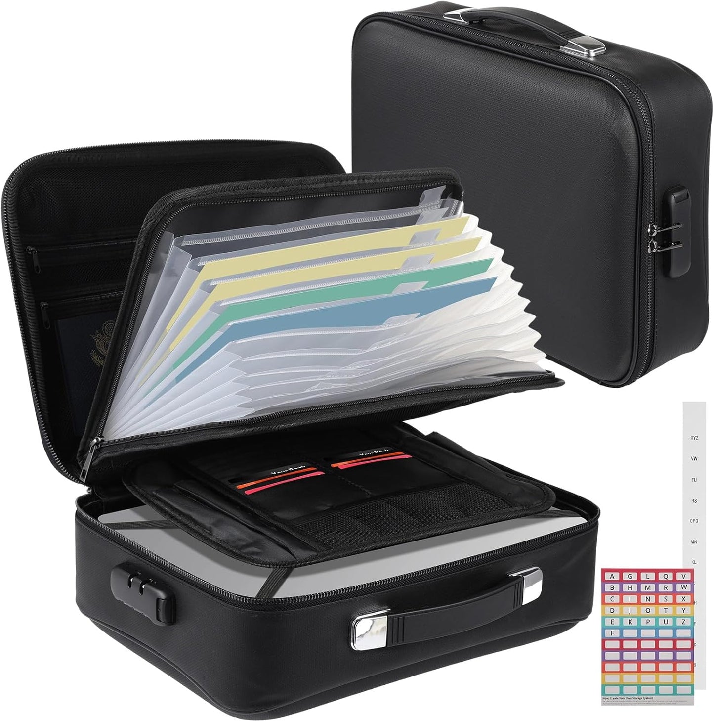 Fireproof Document Box with Lock, Hard Shell Fireproof Safe Case, File Organizer with Expandable Filing Compartments, Portable & Waterproof Storage Box for Home Travel