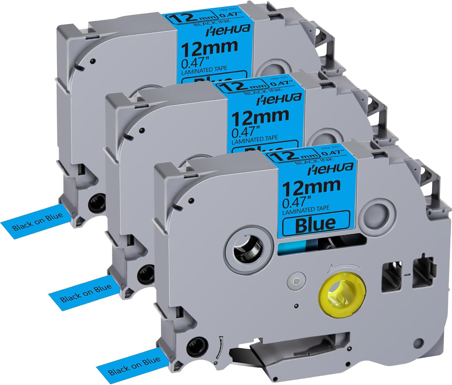 Hehua Tape Tze Tz 12mm 0.47 Laminated Blue Compatible for Brother P-Touch TZe-531 TZe531 TZ-531 TZ531 Tape for Ptouch PT D210 D200 D210 D610 H110, 1/2'' x 26.2ft Black on Blue, 3 Pack