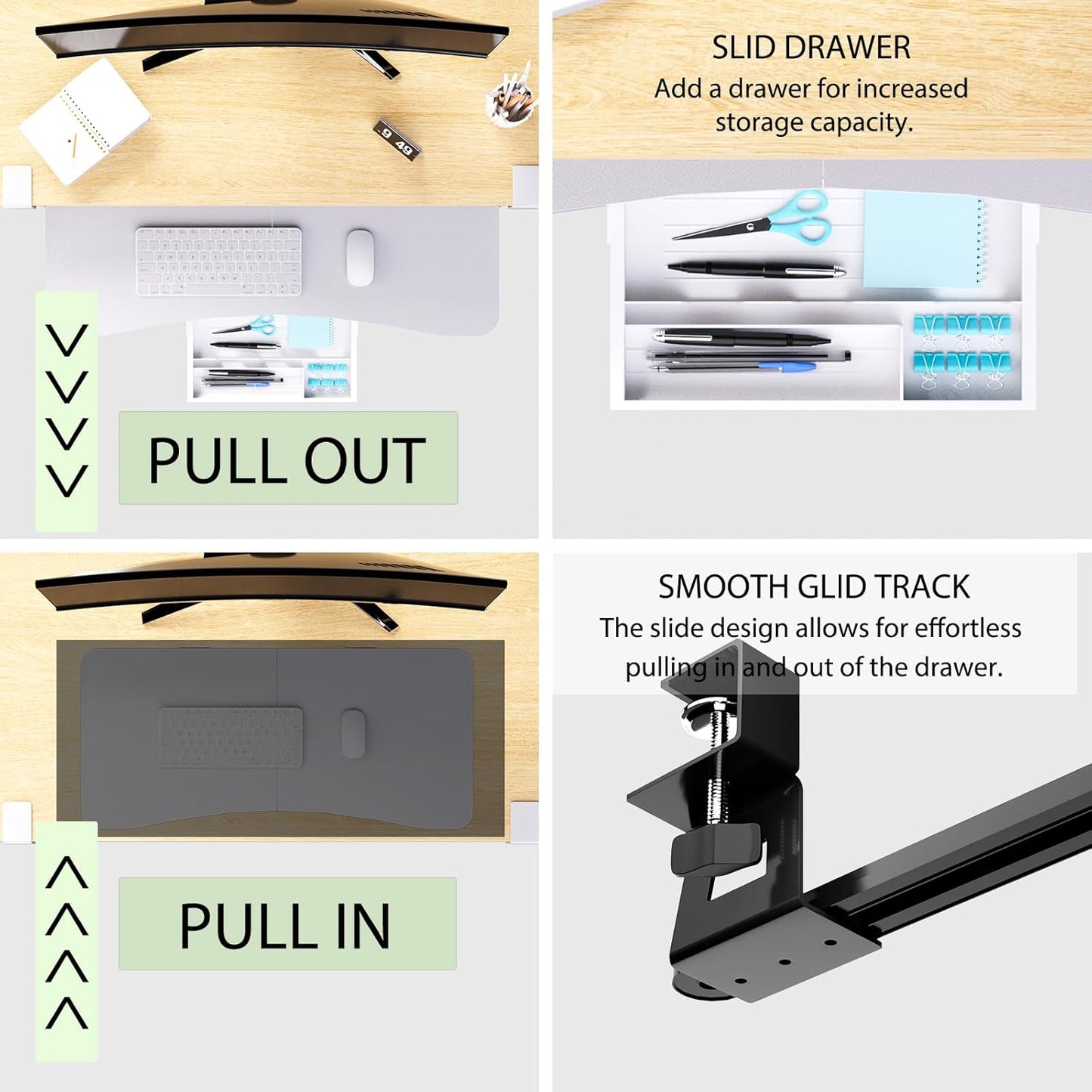 Desktop Keyboard Tray, Under Desk Pull Out,25.59" X 11.81" Large Size Radian Keyboard Tray with C-Clip Mount, Easy Installation, Computer Keyboard Stand, for Home Study and Office(White)