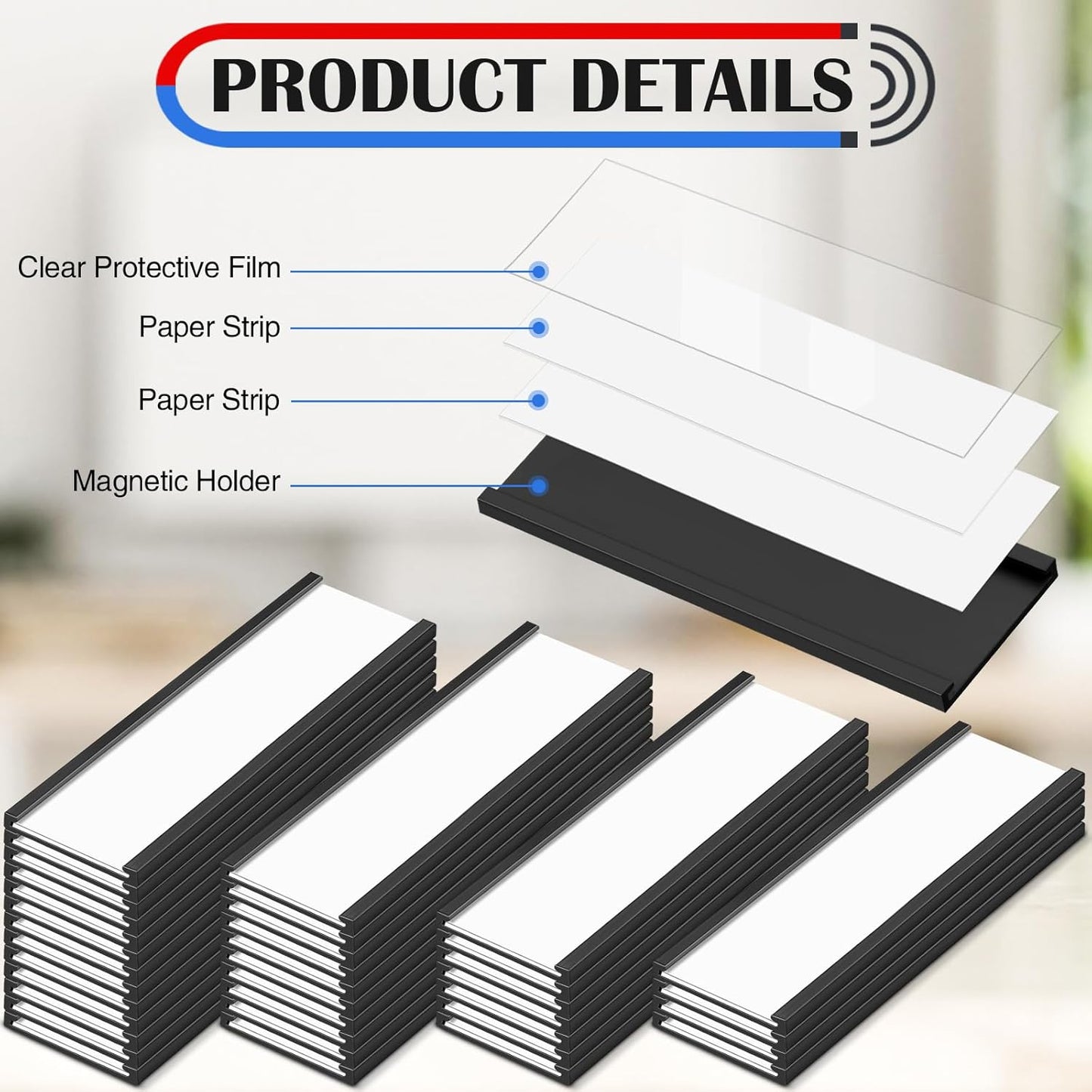 200 Pcs 6" x 2" Magnetic C Channel Label Holders with Replacement White Paper and Clear Plastic Films, Magnetic Cards Name Tags for Rack Shelf Warehouse Labels Accessories