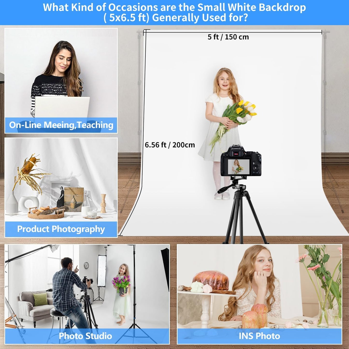 HEMMOTOP Photo Backdrop Curtains, 5x6.56 ft White Backdrop for Photoshoot, White Photography Seamless Backdrops Background for Easter, Birthday Party, Halloween, Photo, Projector Screen (150x200 cm)