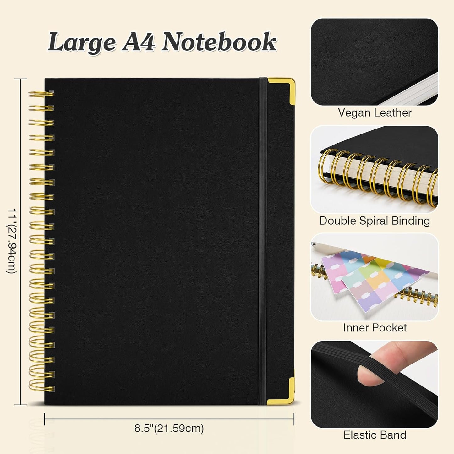 Bullet Dotted Journal Spiral Notebook, 300 Pages Leather Notebooks with Contens, 120 GSM Thick No Bleed Through Paper Journals, A4 Large Dot Grid Notebook for Women Men Work Writing, 8.5" x 11", Black