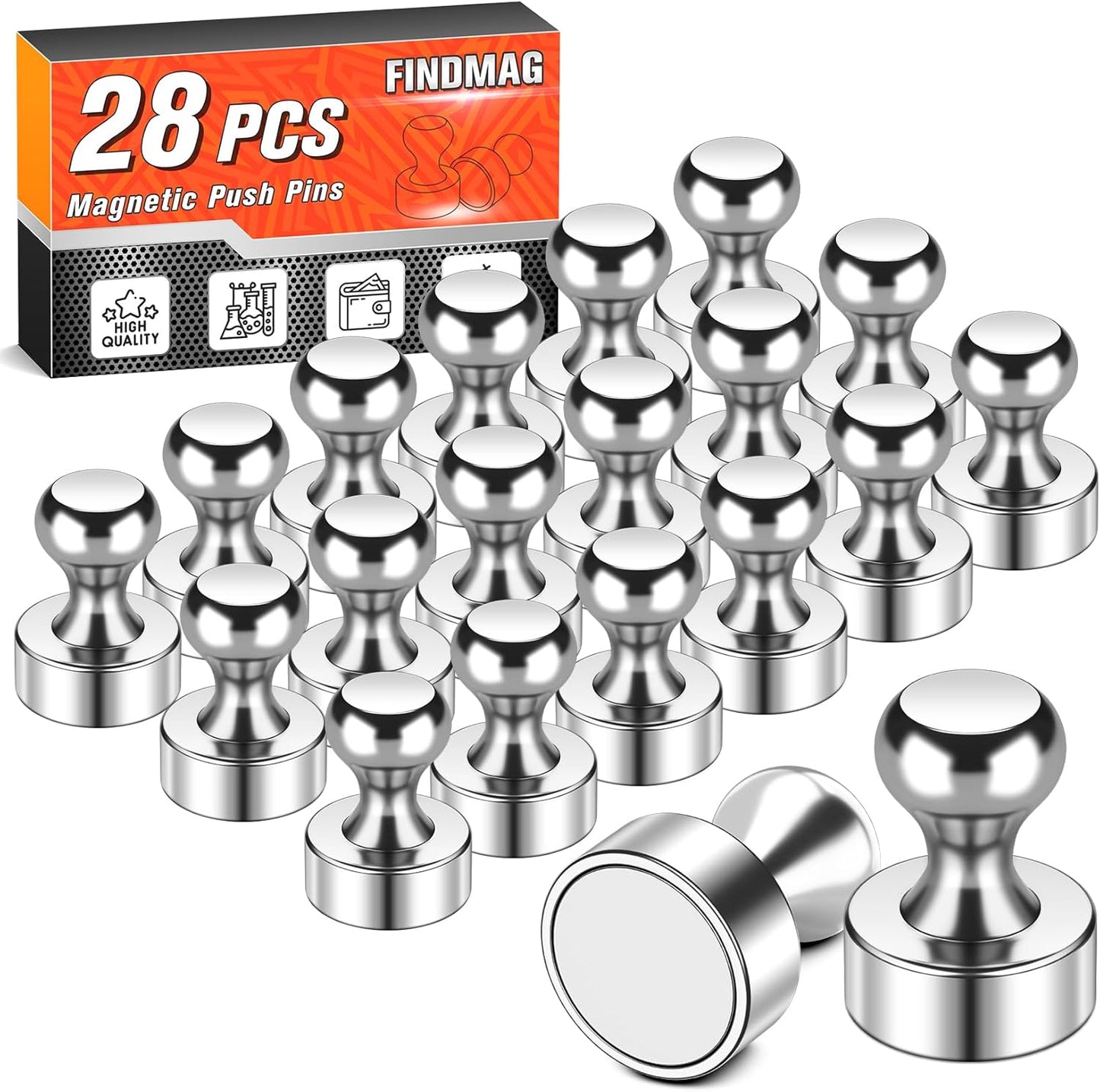 FINDMAG 28 PCS Silver Fridge Magnets, Small and Strong Magnets for Whiteboard, Refrigerator, Classroom Decor, Kitchen Essentials
