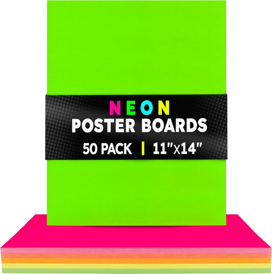 Hygloss Medium Poster Board 11x14 - 50 Assorted Neon Color Poster Boards Bulk Pack - 10 Pt. Thickness Colored Poster Board Paper for Projects, Signs, Displays - Posterboard Multipack 11" x 14"