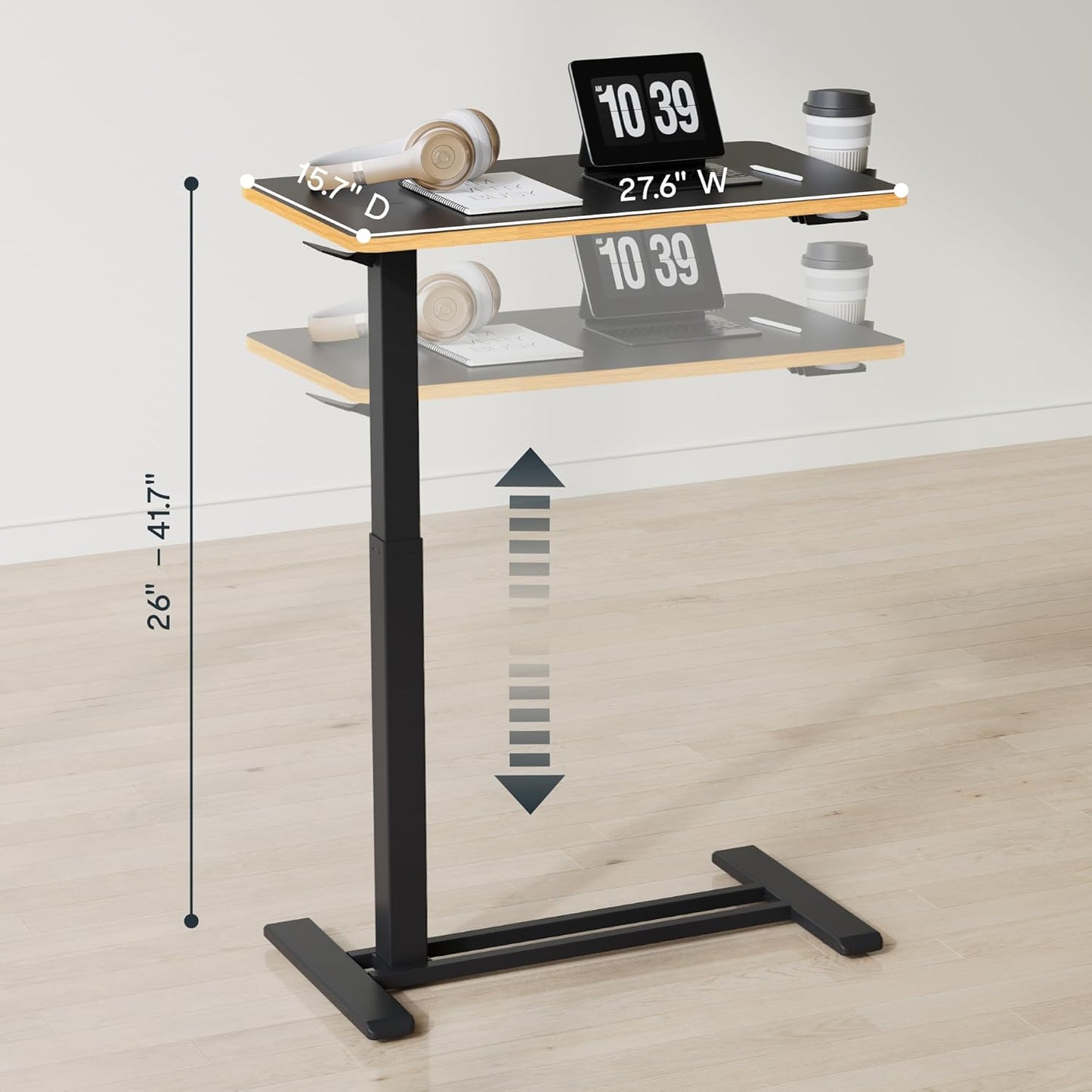 FLEXISPOT Mobile Standing Desk with Wheels Pneumatic Laptop Desk Rolling Computer Cart Movable Height Adjustable Small Sit Stand Desk Computer Workstations Home Use（31.5" W x 17.7" D, Black+Maple