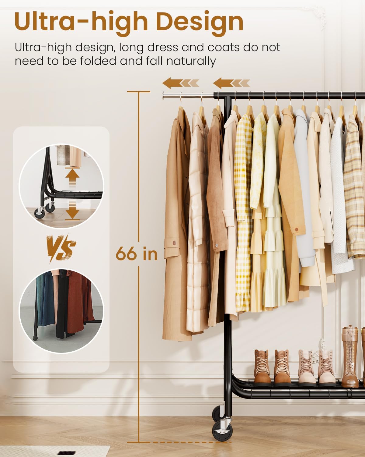 Heavy Duty Clothes Rack, Metal Clothing Rack Load 450 LBS, Rolling Coat Racks for Hanging Clothes with Lockable Wheels, Wardrobe Closet Garment Racks for Bedroom, Black