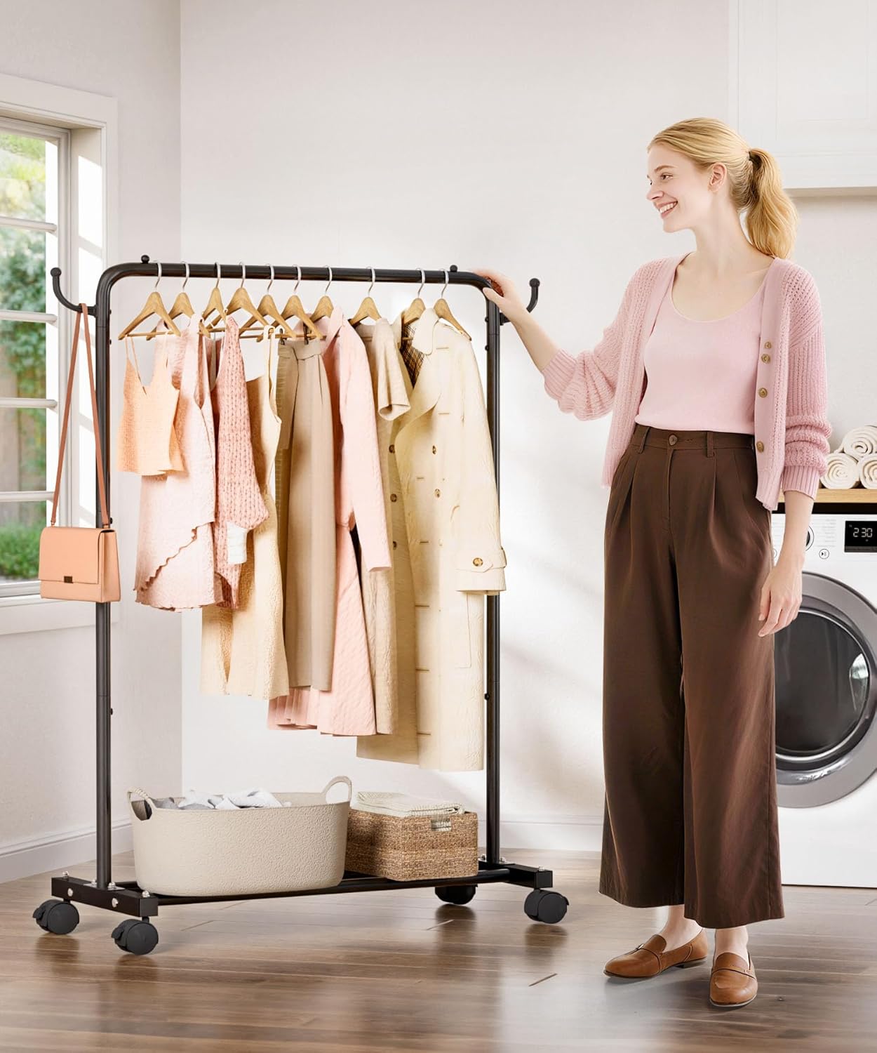 Homde Heavy Duty Clothes Rack: 120lb Standing Garment Storage for Indoor - Rolling Hanging Rod for Bedroom Laundry Room - Coat Dress Organizer on Wheels with luggage shelf (Black，32")