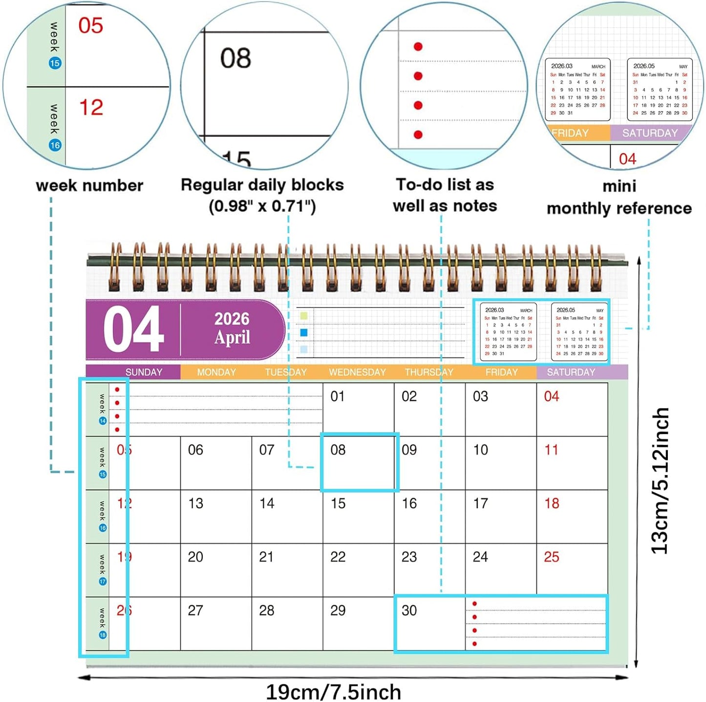 Small Desk Calendar 2025-2026, Standing Flip Desktop Calendar from July 2025 to Dec 2026 - Metal Ring Twin-Wire Binding Monthly Desktop Calendar for Home Office School (Green)