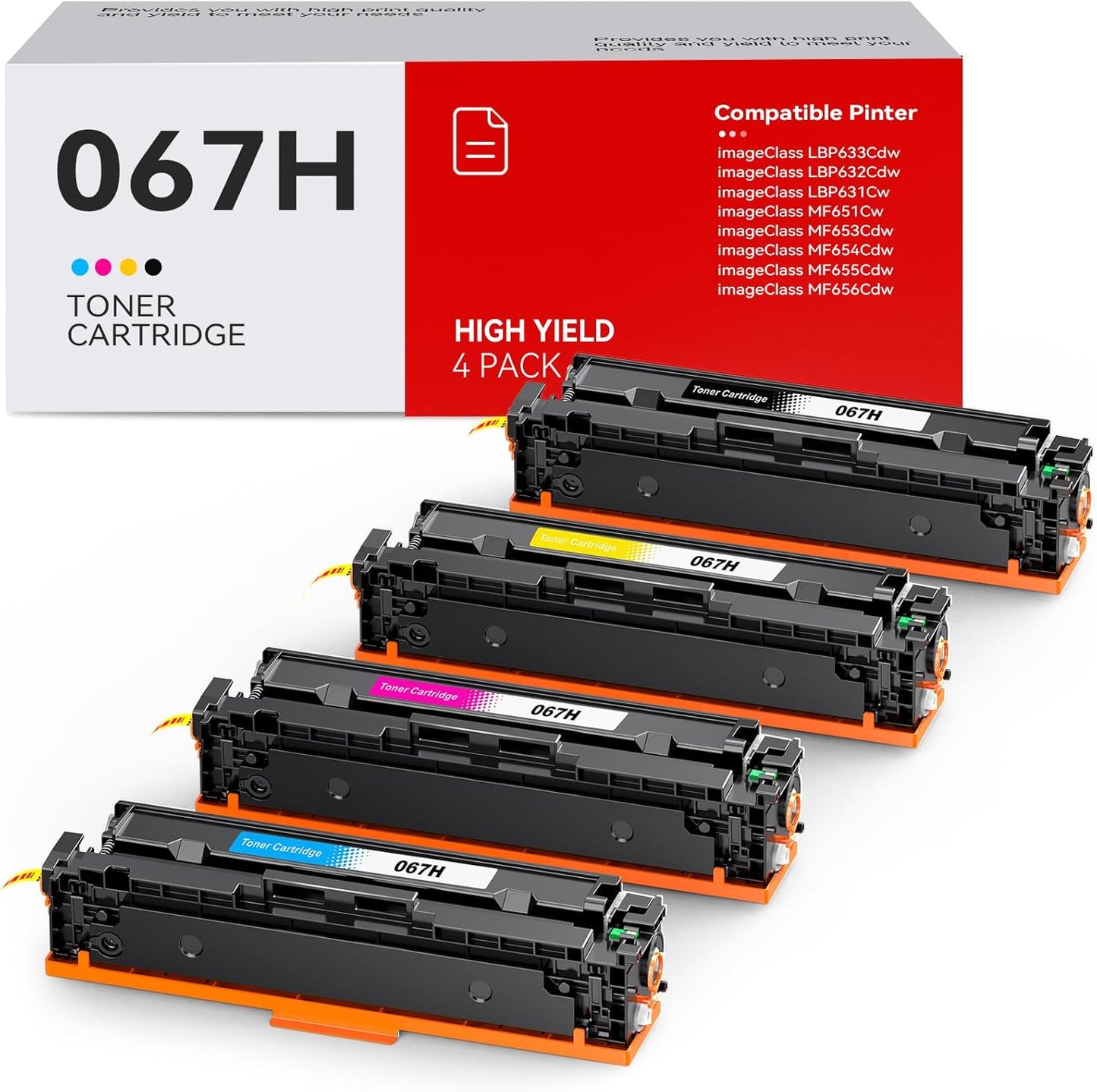 067H 067 Toner Cartridge Set 4 Pack High Yield Compatible for Canon 067H 067 Replacement for Canon imageCLASS LBP633Cdw LBP632Cdw MF653Cdw MF654Cdw MF656Cdw Printer | CRG-067H CRG067H (B/C/M/Y,4 Pack)