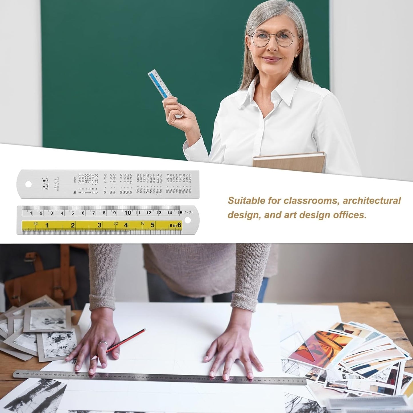 HARFINGTON 4pcs Metal Straight Ruler 15cm Metric SAE Aluminum Alloy Measuring Rulers Scale Tool with Hole for Measure Study Reading Classroom Office, Yellow