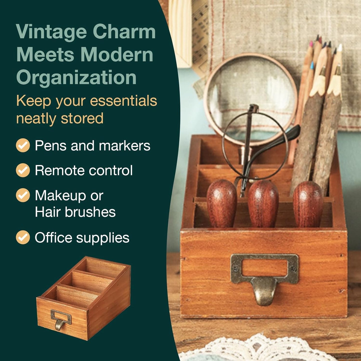 3-Slot Wooden Desk Organizer - Card Catalog Drawer Style Storage Box for Stationery & Office Supplies - Remote Caddy, Phone Stand, or Pencil Holder for Desk - Cubicle Accessories (4-Pack)