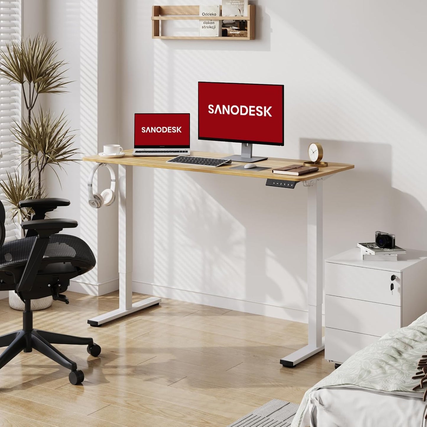 SANODESK Electric Standing Desk 48x24 Inch Height Adjustable Stand Up Desk Home Office Computer Workstation Sit Stand Home Office Desk with Splice Board (White Frame + Maple Top)