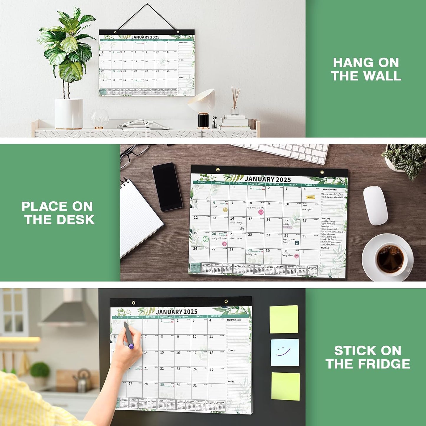 Ospelelf Desk Calendar 2025-2026, Magnetic Fridge Wall Calendar, 18 Month Monthly Large Calendar Planner with Plastic Cover Floral 17" X 12" Green Leaves