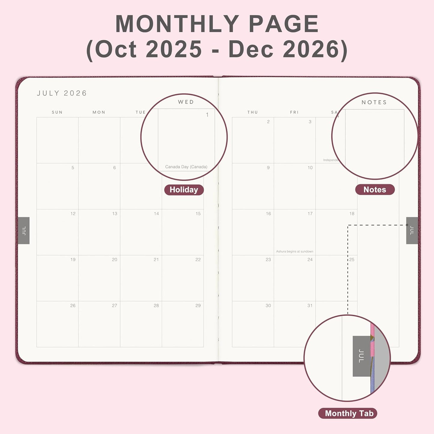And Per Se 2026 Planner-Daily, Weekly & 15-Monthly Leather Hardcover Planner, 5.7" x 8", Daily Schedule, Monthly Tabs, 100 GSM Thick Paper, Back Pocket(Dark Red)