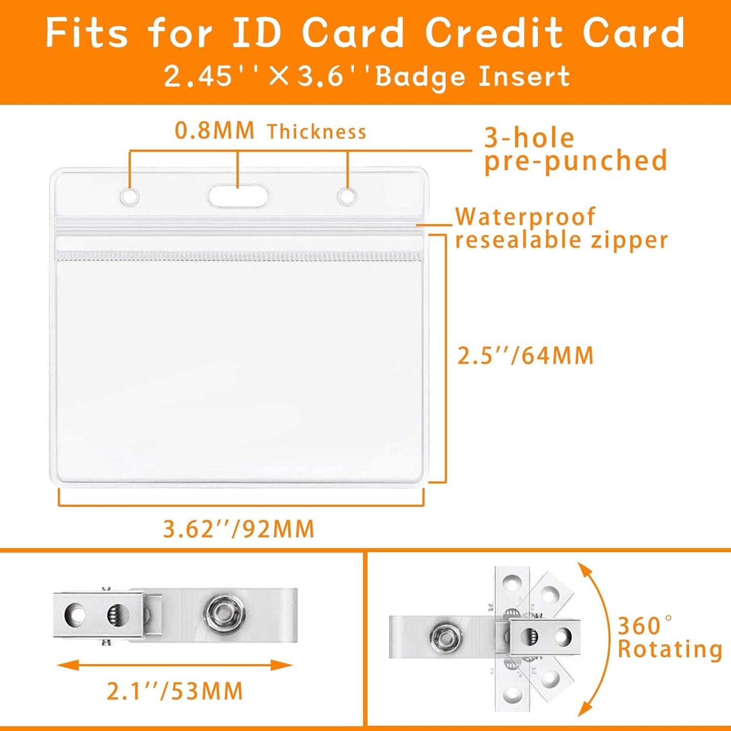 ID Badge Holder with Clip Clear Plastic Name Tag Holders Horizontal Ziplock Waterproof PVC ID Card Holder with Clip Straps(50 Pack, Horizontal 2.3X3.5)