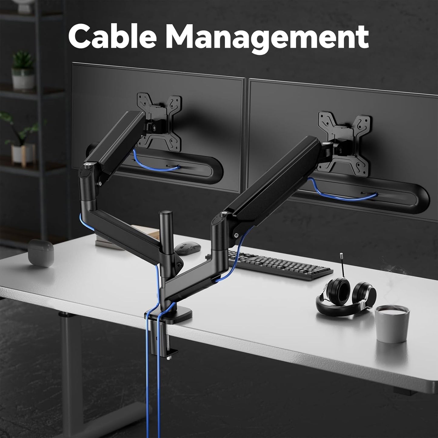 Simple Trending Dual Monitor Stand, Full Adjustable Monitor Mount, Gas Spring Monitors Arm for 13-32 inch Computer, VESA Mount with C-clamp & Grommet Mounting Holds Max 20 lbs Each, Freelift Black