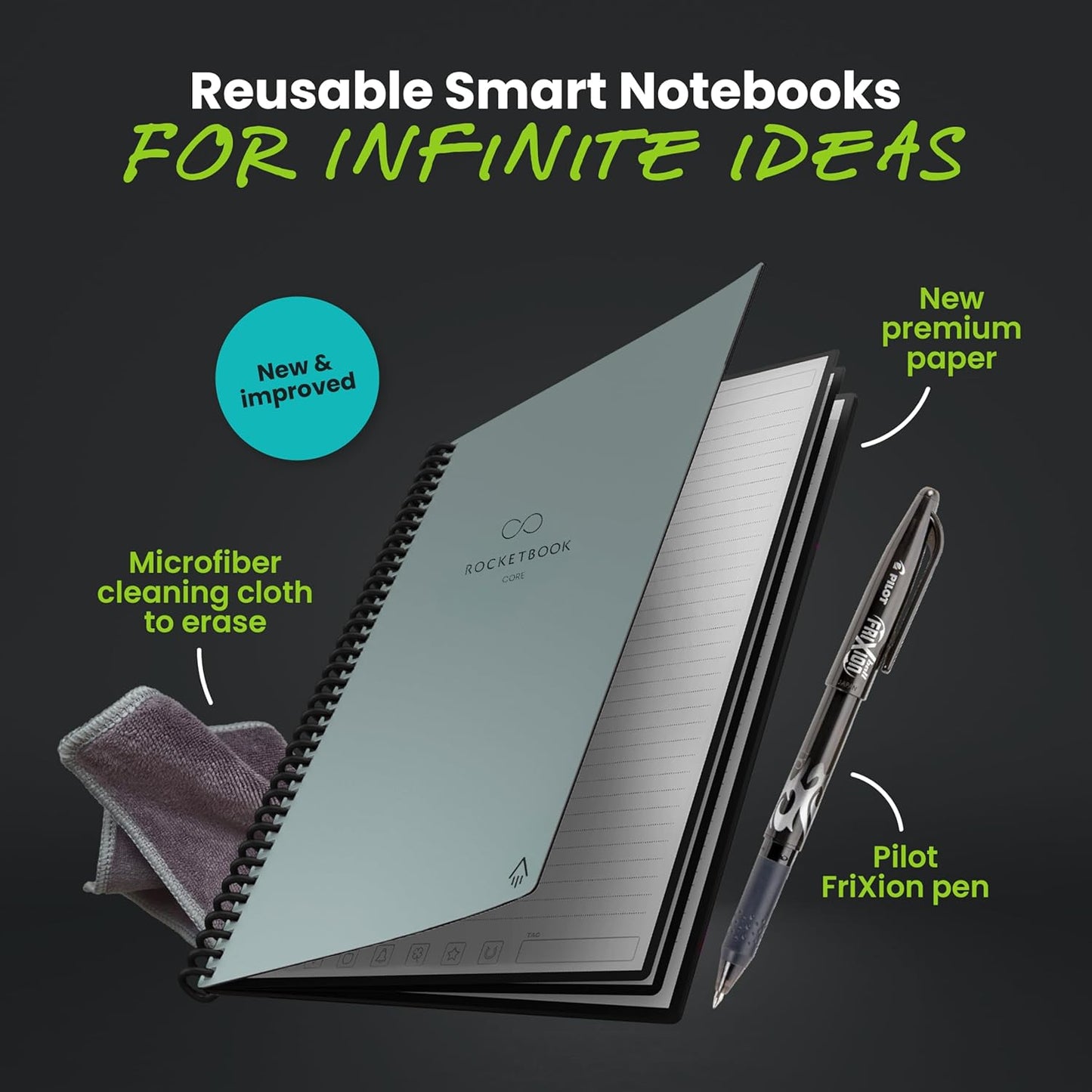 Rocketbook New Core Reusable Spiral Notebook, Executive Size 6x8.8, Gray - Lined Pages, App-Connected, Erasable, Durable Cover, Ideal for School, Work, and Creative Projects