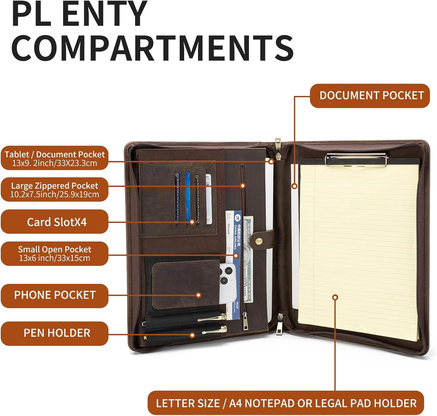 Handmade Vintage Crazy Horse Leather Portfolio,Business Organizer Padfolio with Handle, for iPad Pro/Microsoft Surface Pro/13 inch Tablet, Dark Khaki