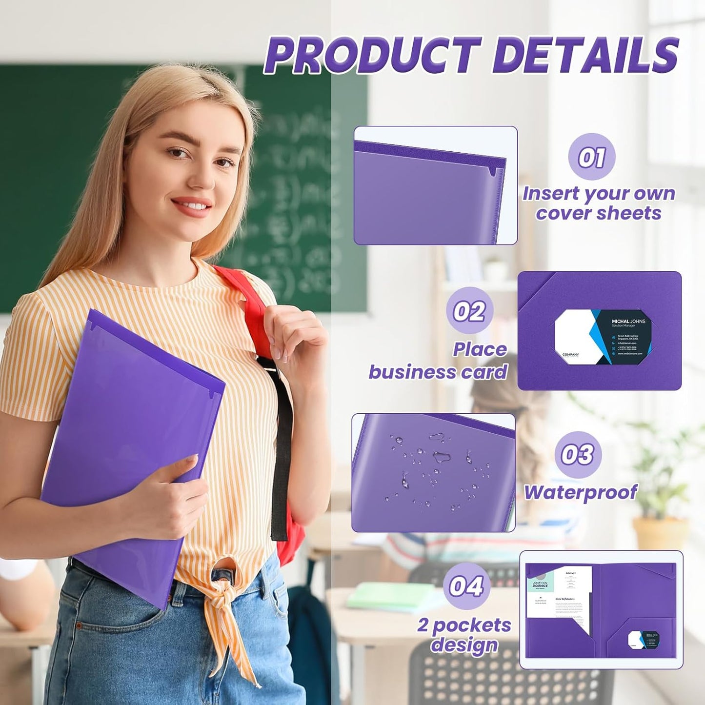Henoyso 18 Pcs Plastic Folders with Clear Front Pockets Heavy Duty File Folders with 2 Pockets and Card Slot for Student Communication School Office Presentation Report (Purple)