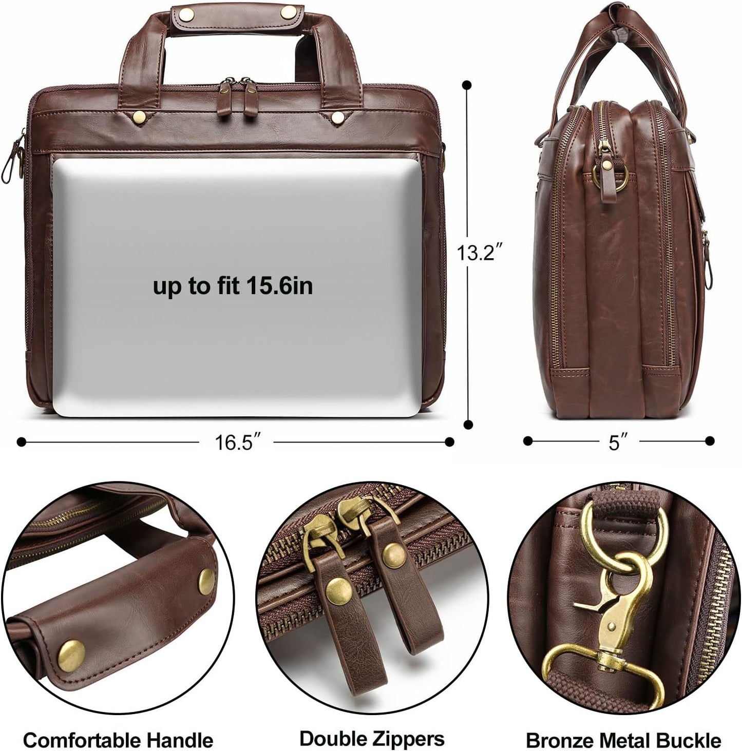 Leather Briefcases for Men 15.6 Inch Laptop Messenger Bag with Triple Compartments Water-Resistant Computer Shoulder Bag for Business, Travel, Work, Office, Brown