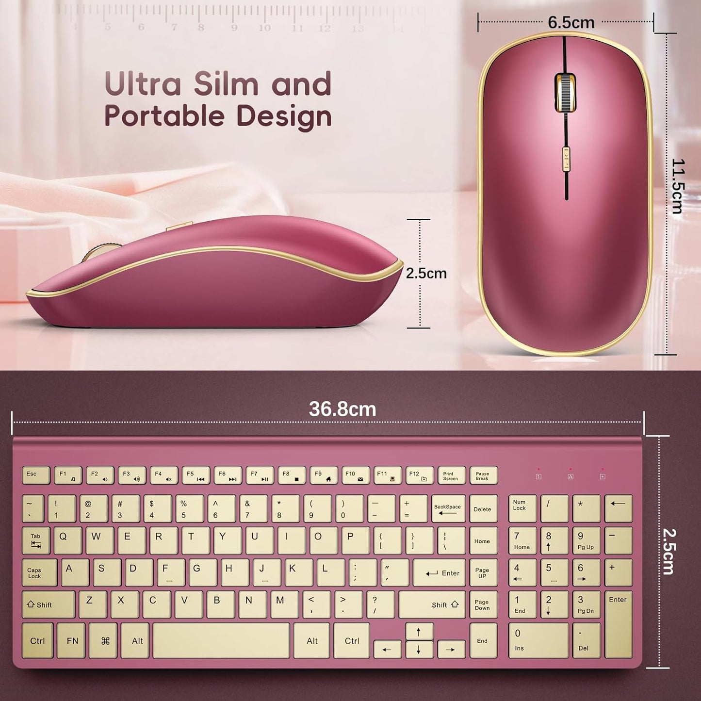 JOYACCESS Wireless Keyboard and Mouse, 2.4g Slim and Ergonomic Wireless Keyboard Mouse Combo- Full Size and Portable Design for Laptop/Windows/Computer-Wine Red Gold