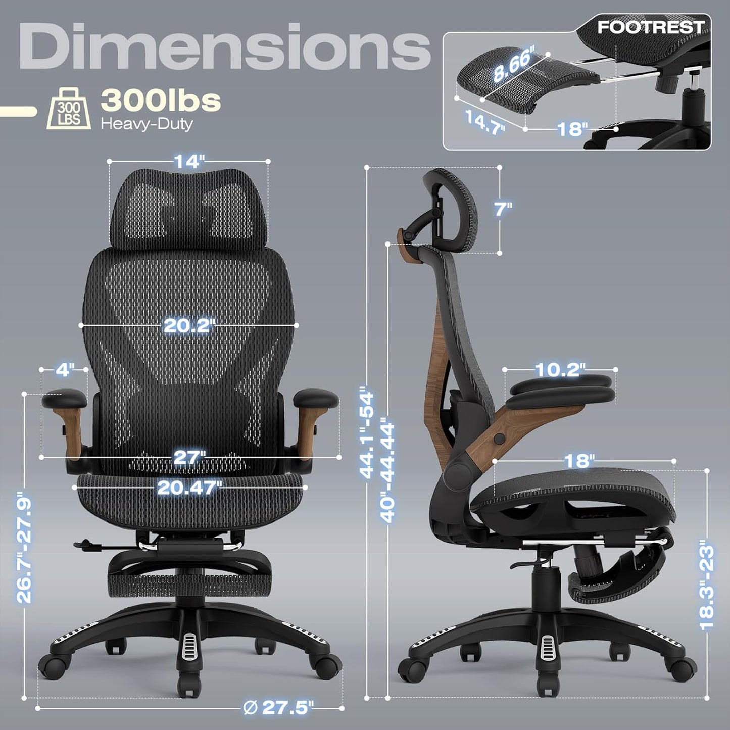 ELABEST X100 Ergonomic Office Chair with Footrest, Big and Tall Home Desk Chair with 5D Flip-Up Arms, Adjustable 5D Lumbar Support,High Back Rolling Computer Chair, Swivel Mesh Chairs (Library Oak)