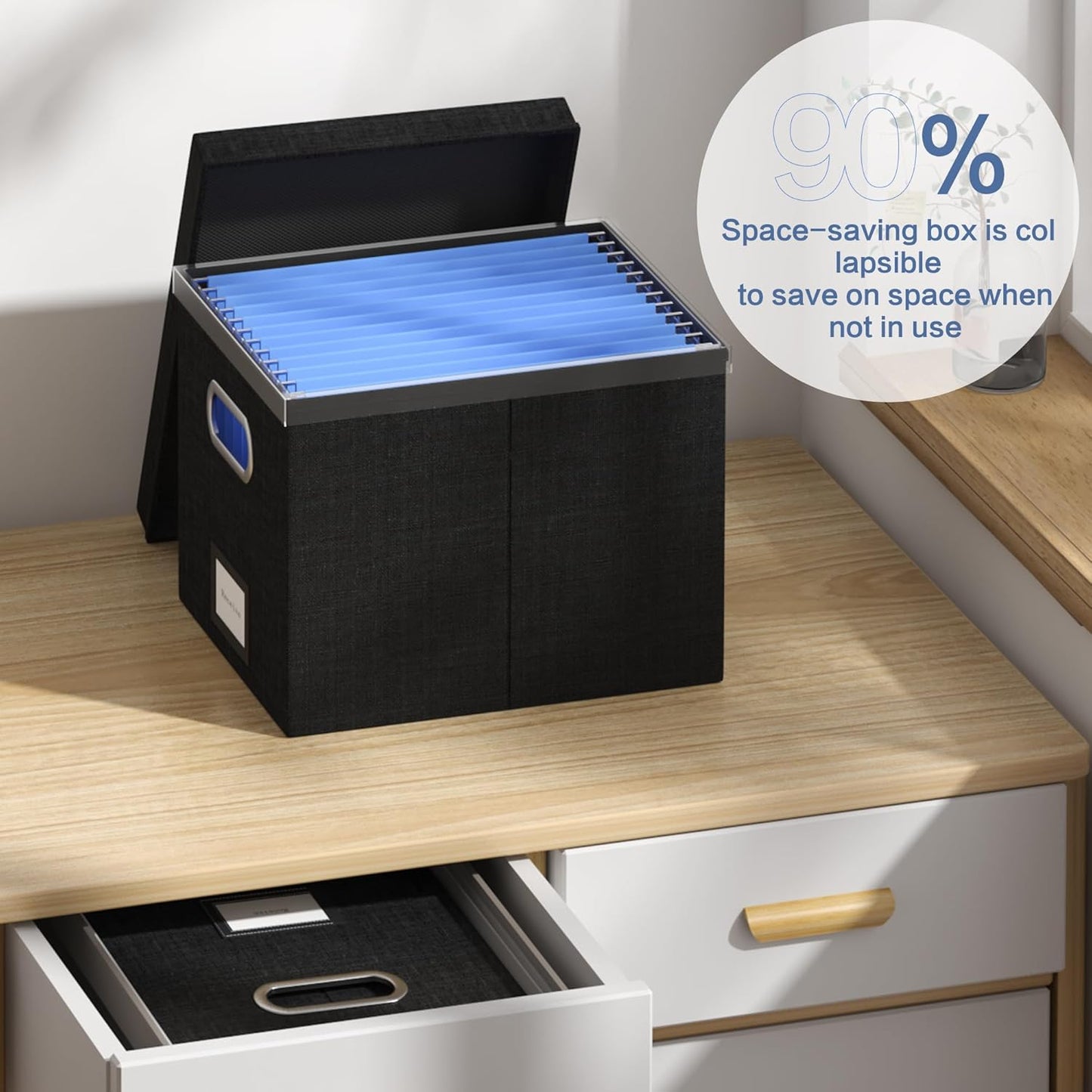 File Organizer Box - File Boxes for Hanging Files with Lid Set of 2 Decorative Hanging Folders Letter Size Organizer with One-Piece Plastic Frame Slides (Black, 13.2 * 10.1 * 10.1in(2Pack))