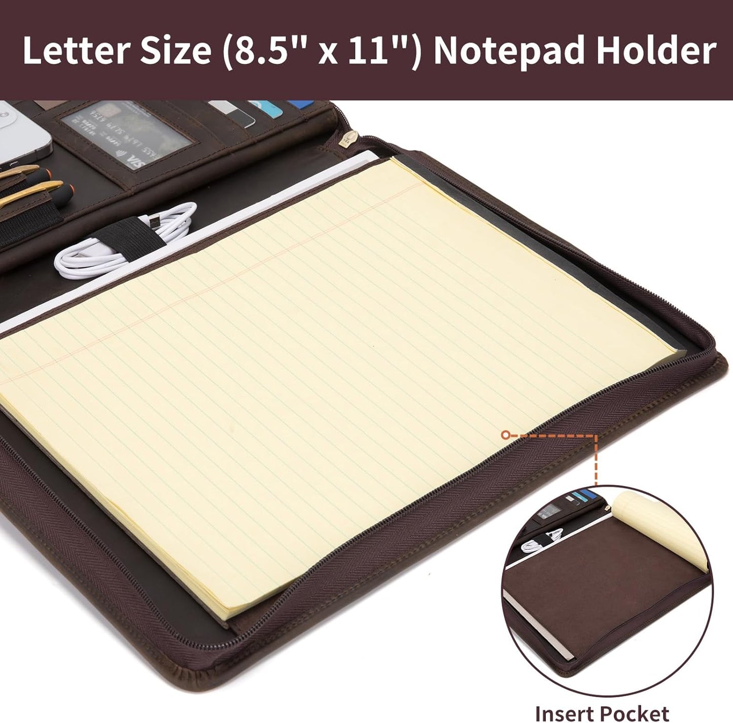 Genuine Leather Portfolio for Women and Men, 8.5 x 11 Legal Pad Padfolio, Zippered Notebook Organizer for 13” Laptop, Business Executive Professional Folio for Work, Dark Khaki
