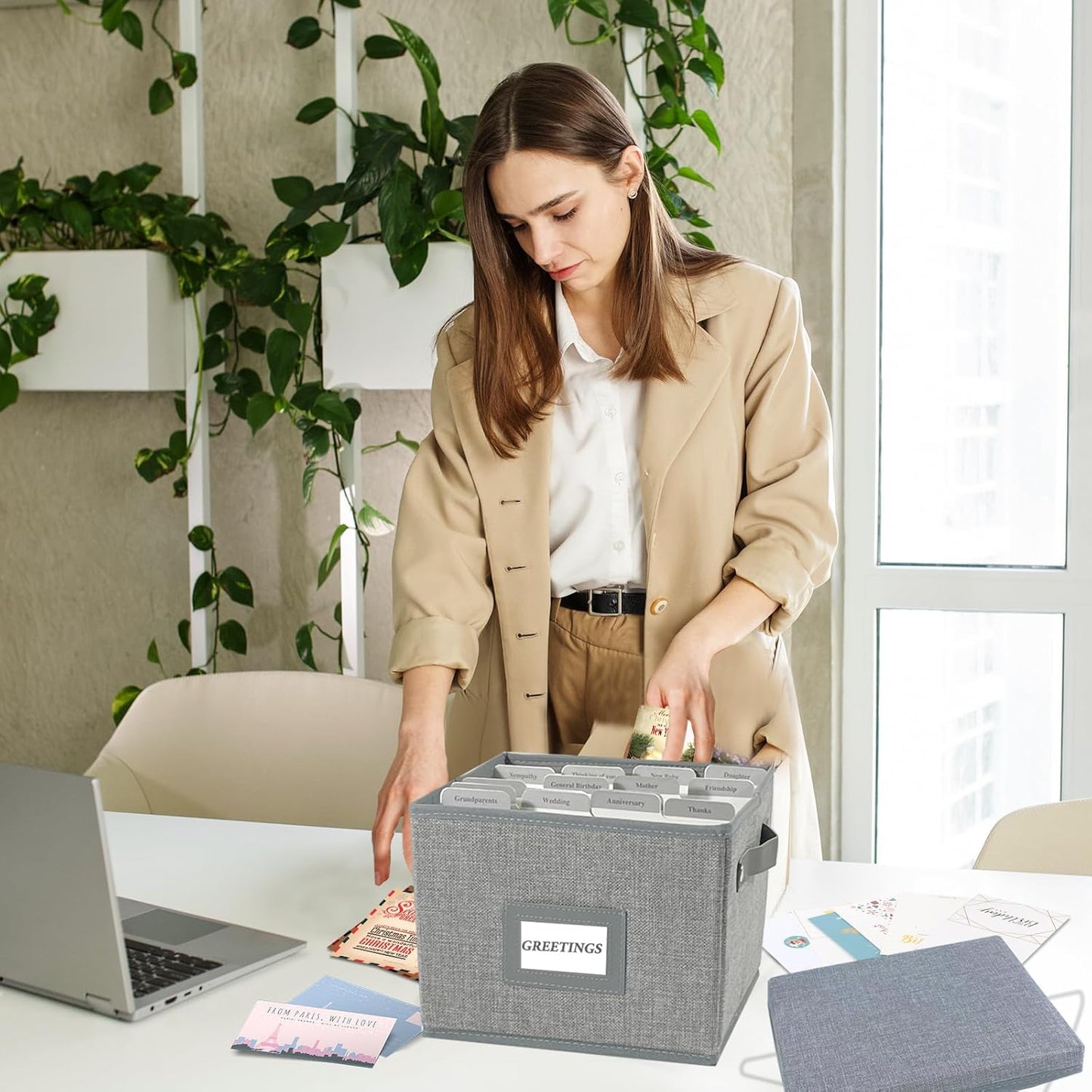 Greeting Card Organizer Box with 16 Dividers,Collapsible Greeting Card Storage Box with Handles Hold 150+ Cards,Greeting Card Holder for Greeting Cards,Sticker, Recipes, Photos, Envelopes,2-Pack