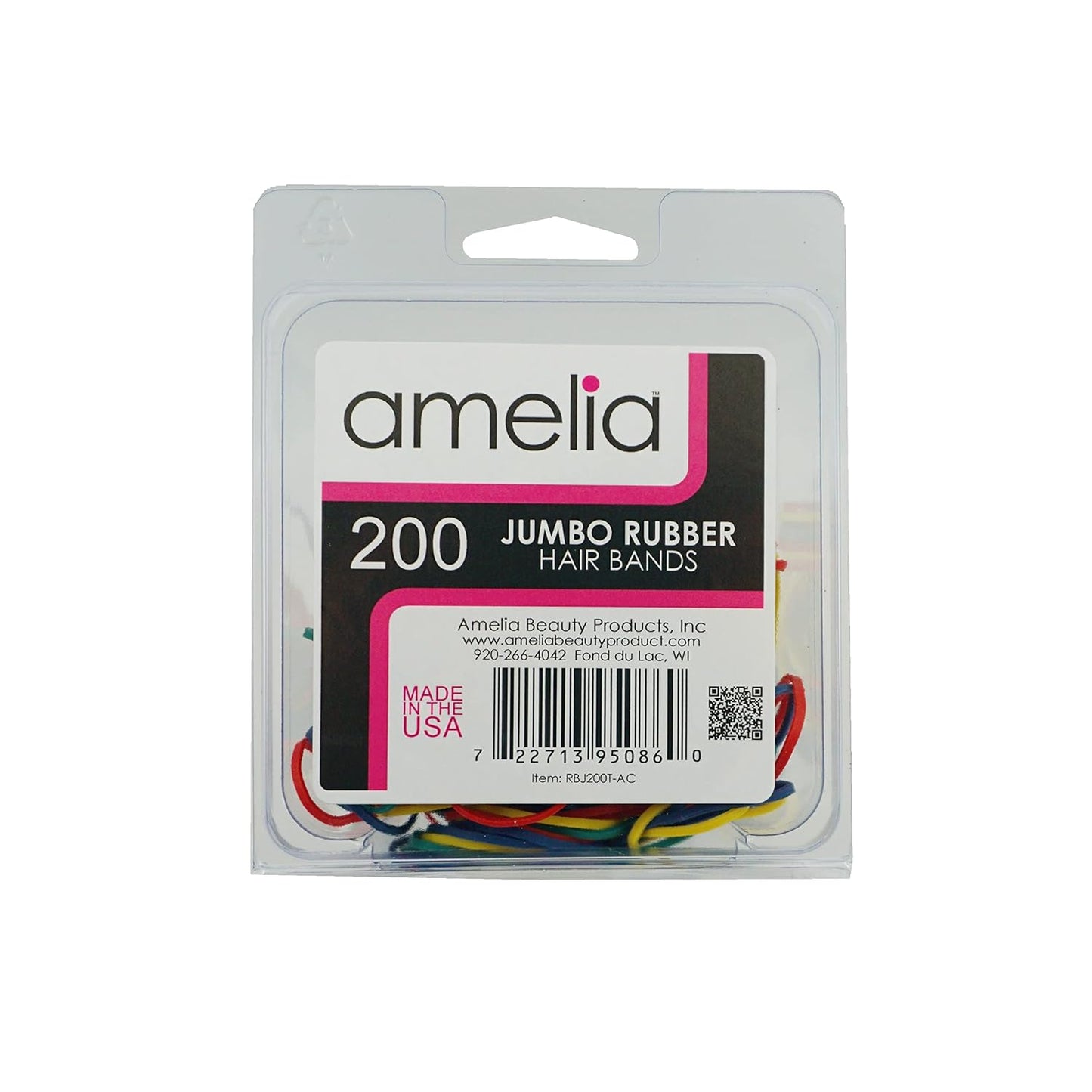 200, Jumbo Size, Rainbow Colors, US Made Rubber Hair Bands for Pony Tails and Braids In A Clamshell. Rainbow Mix Consists of Yellow, Red, Orange Green and Blue Rubber Bands.